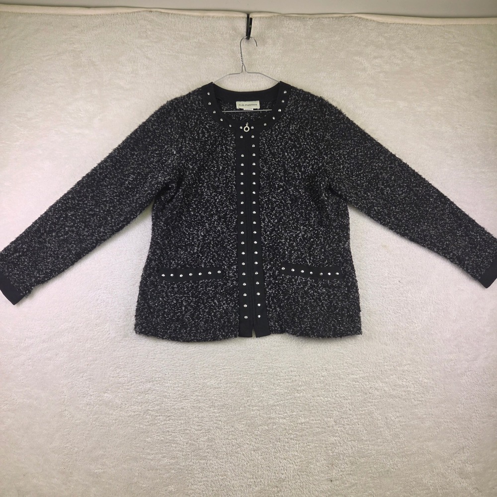 C.D. Petites Black White Boucle Zip Front Studded Cardigan Sweater Medium P1715P